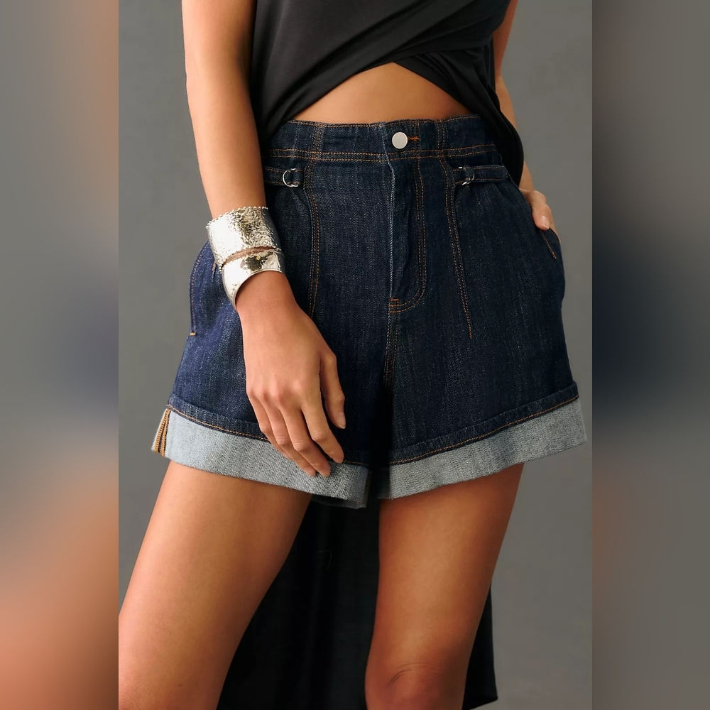 NWT Anthropologie Pilcro Cinch-Waist Roll-hem Dark Wash Shorts Size 30